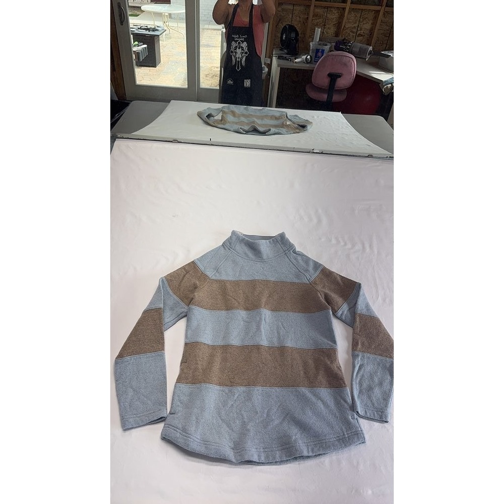 Prana Striped Mock Neck Sweater Blue Brown Cotton Knit Casual Womens Size Small